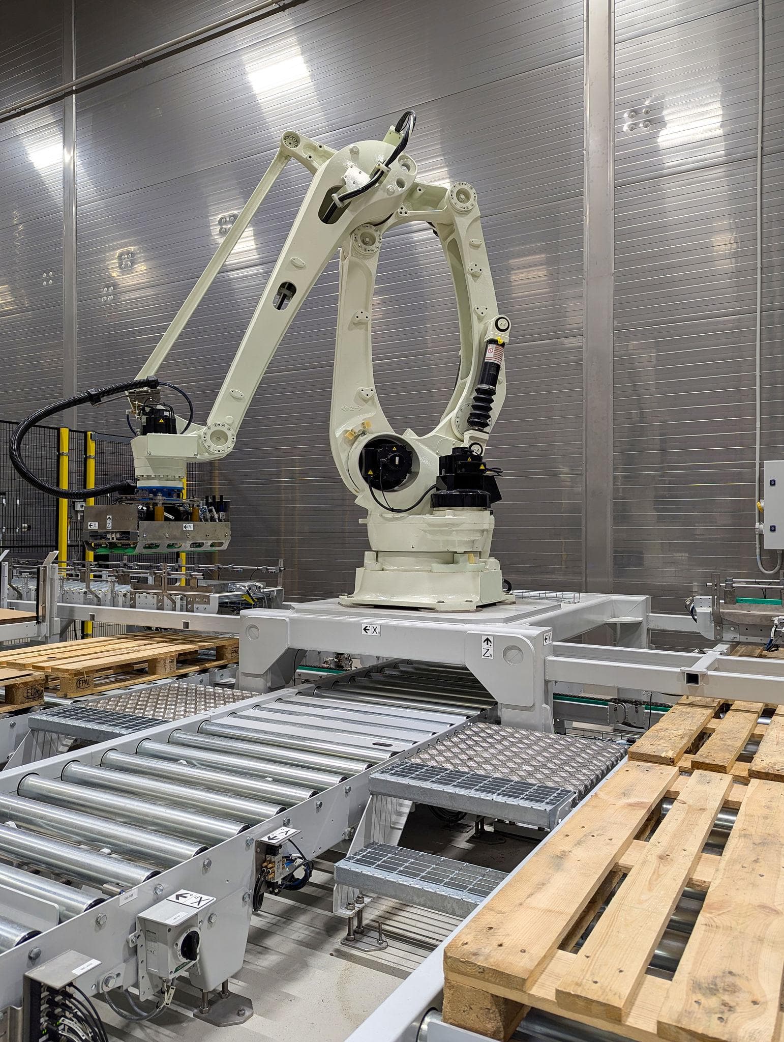 Industrial robotic palletizing cell in a modern factory